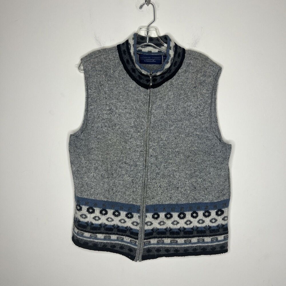 Catherine Stewart Vest Womens Size Large Wool Blend Gray Fairisle Nordic Zip Up
